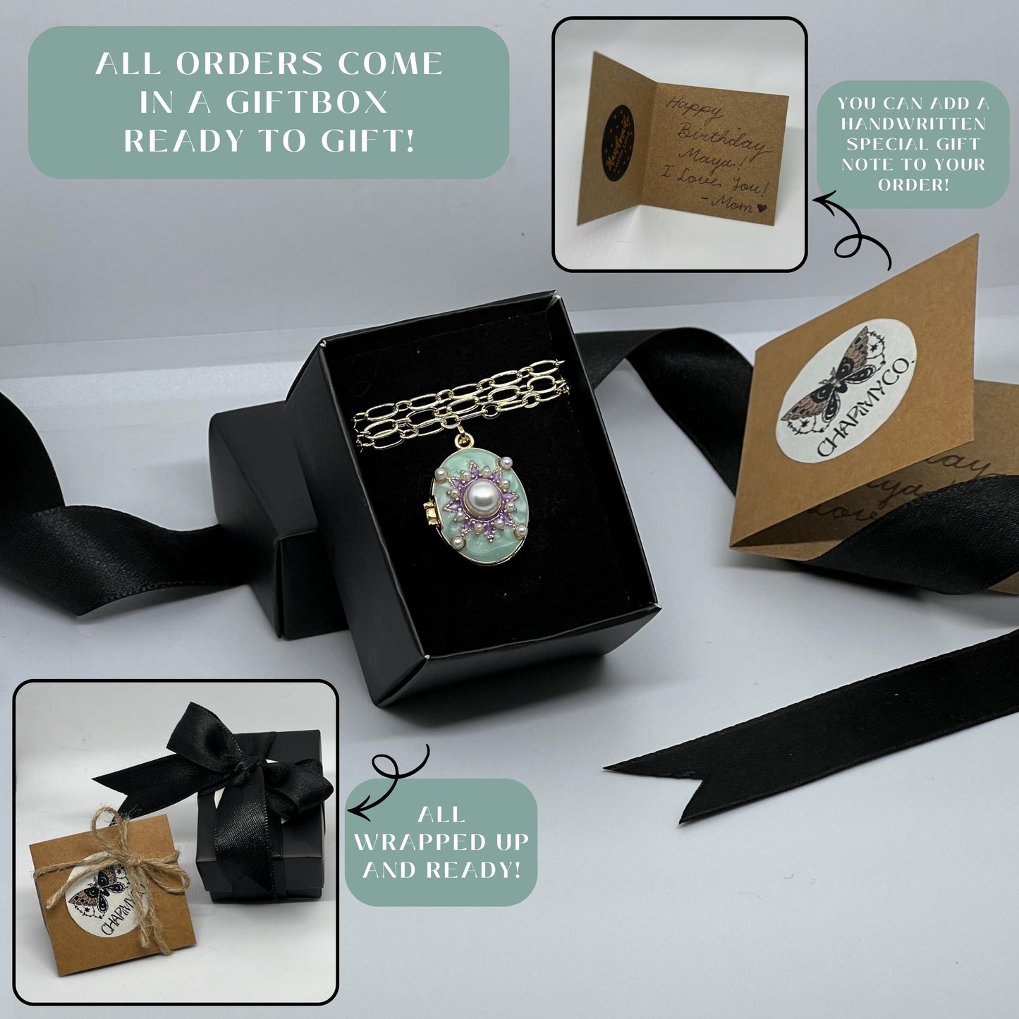 Mint Pearl Sunburst Oval Photo Locket Necklace – Personalized Keepsake Gift