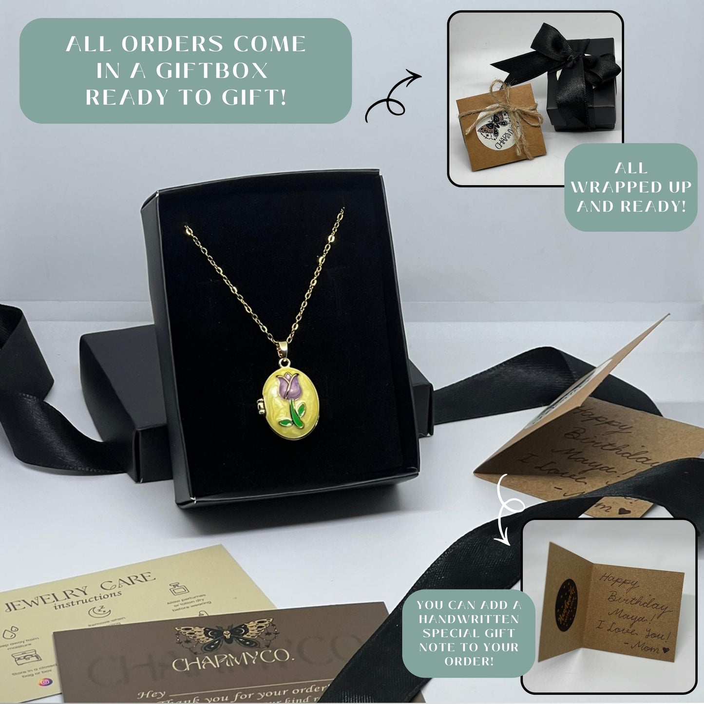 Yellow Tulip Oval Photo Locket Necklace – Personalized Keepsake Gift