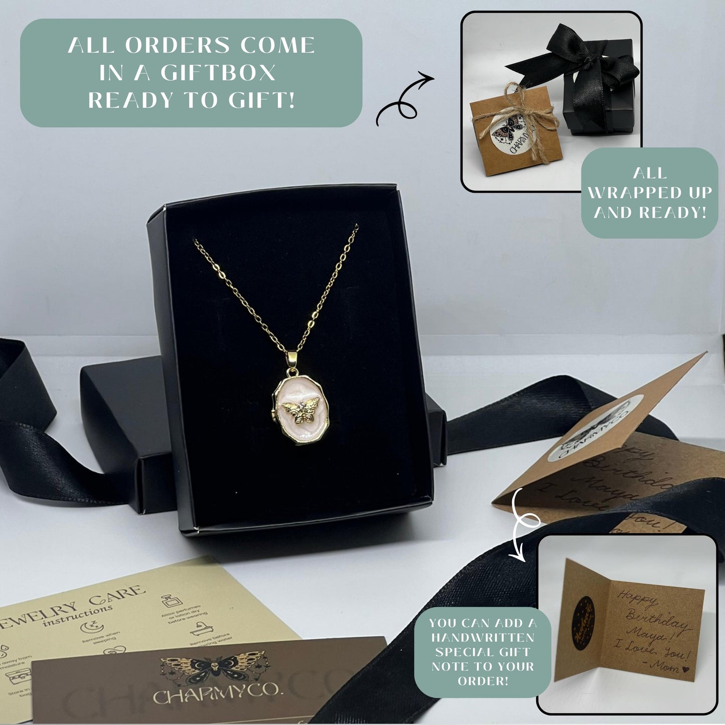 White Enamel Butterfly Oval Photo Locket Necklace – Personalized Keepsake Gift