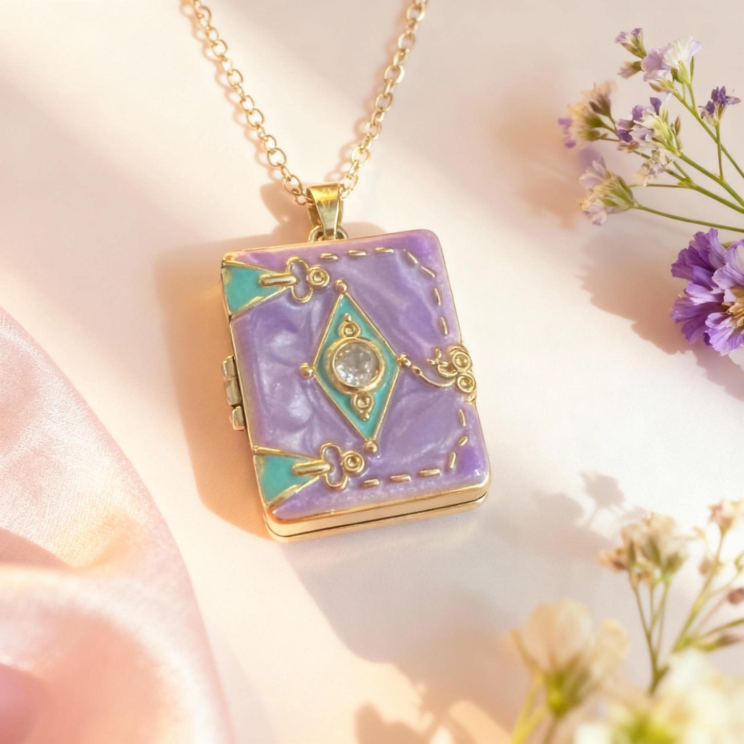Purple Enamel Book Locket Necklace – Personalized Keepsake Gift