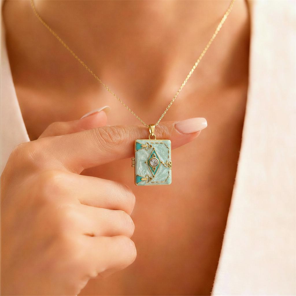 Mint Enamel Book Locket Necklace β Personalized Keepsake Gift