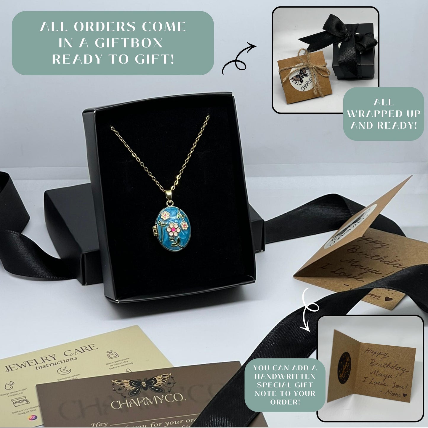 Blue Daisy Oval Photo Locket Necklace – Personalized Keepsake Gift