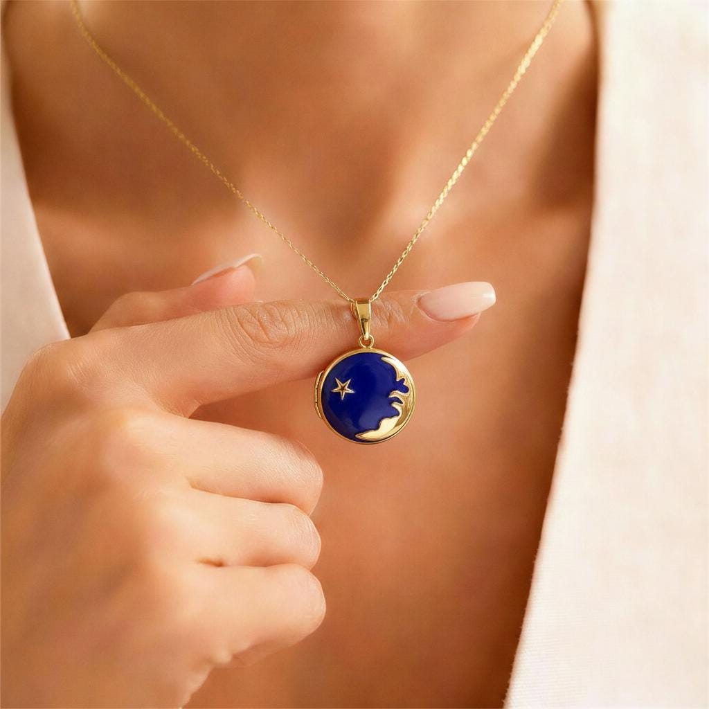 Blue Enamel Moon Star Photo Locket Necklace – Personalized Keepsake Gift