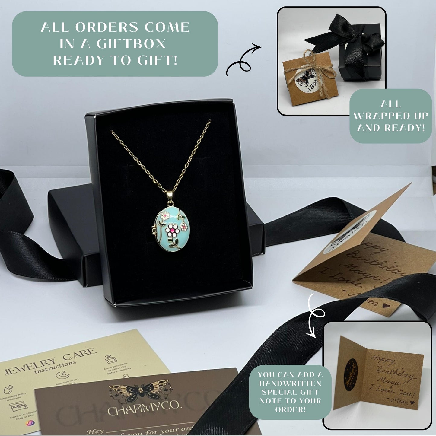 Turquoise Daisy Oval Photo Locket Necklace – Personalized Keepsake Gift