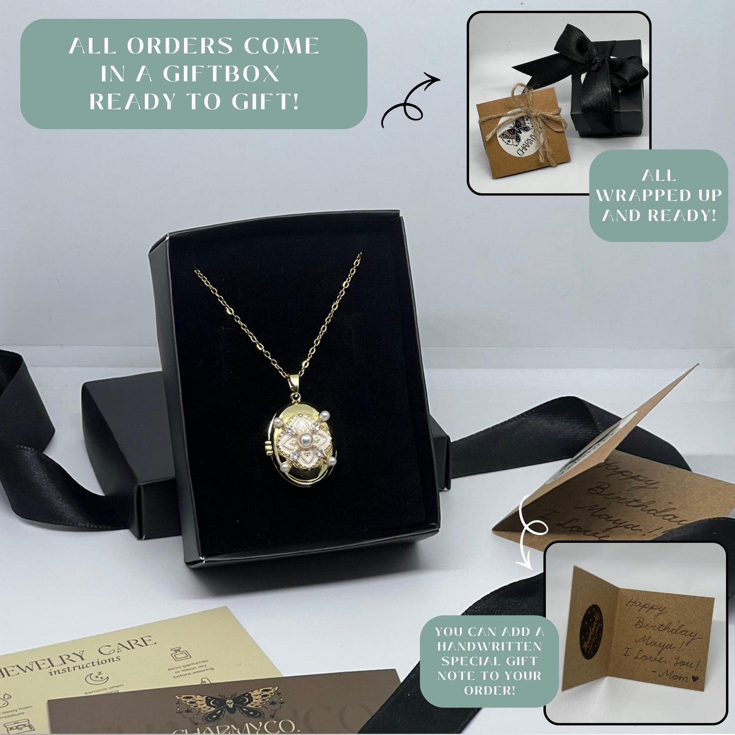 Crystal Pearl Floral Oval Photo Locket Necklace – Personalized Keepsake Gift
