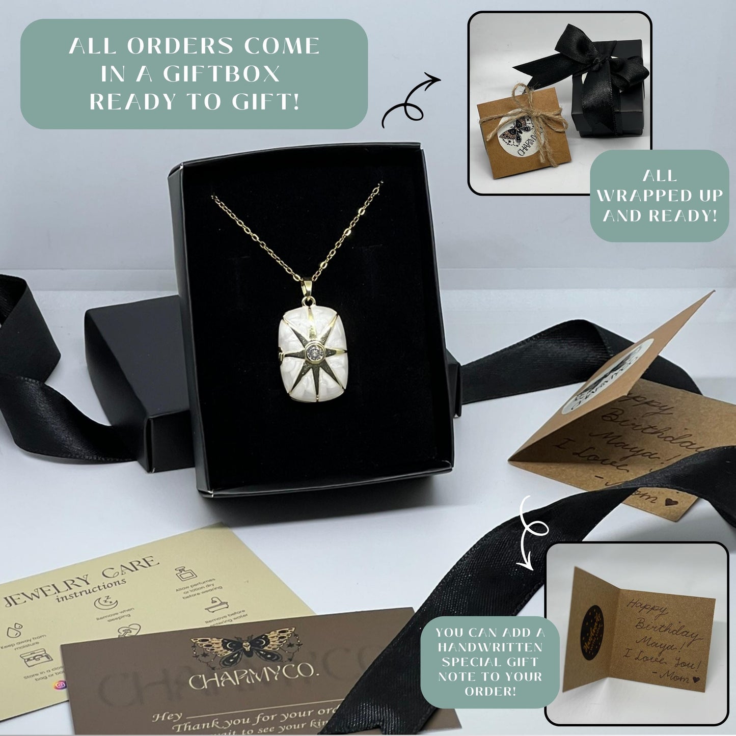 Mother of Pearl Star Rectangle Photo Locket Necklace – Personalized Keepsake Gift