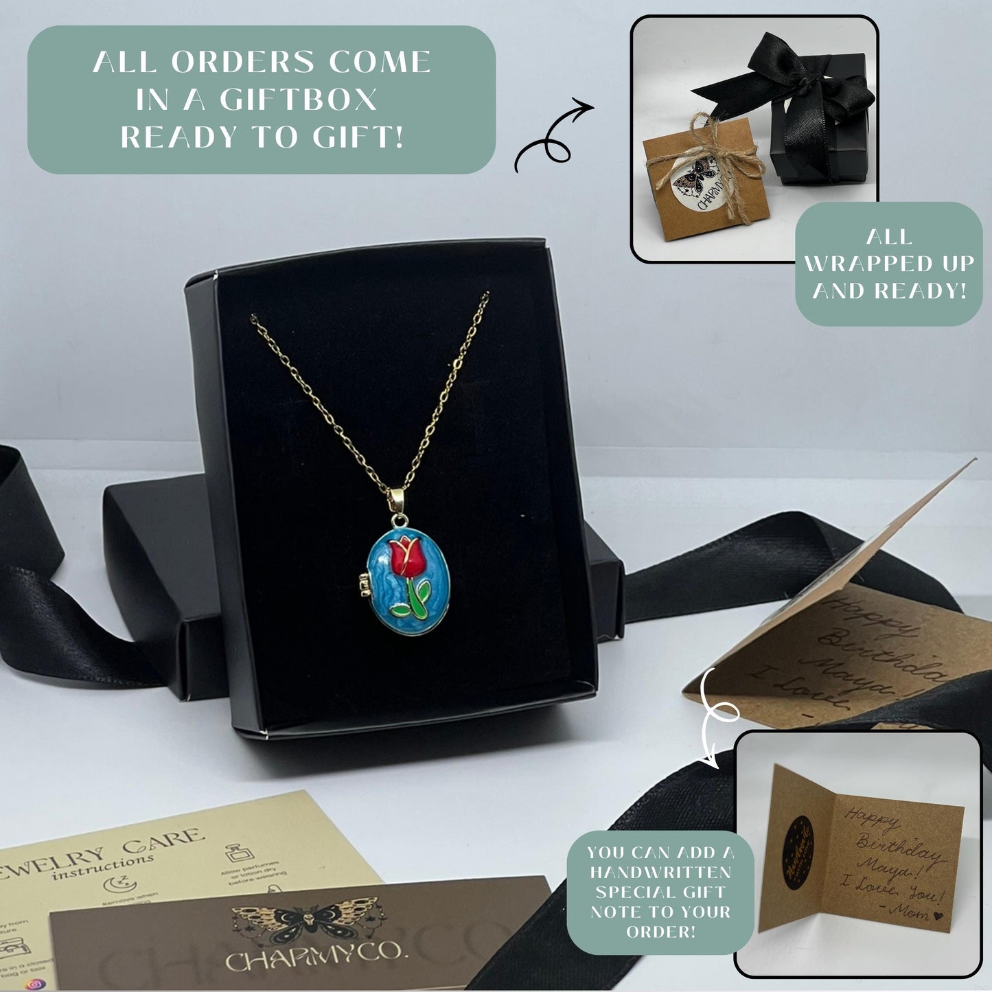 Blue Tulip Oval Photo Locket Necklace – Personalized Keepsake Gift