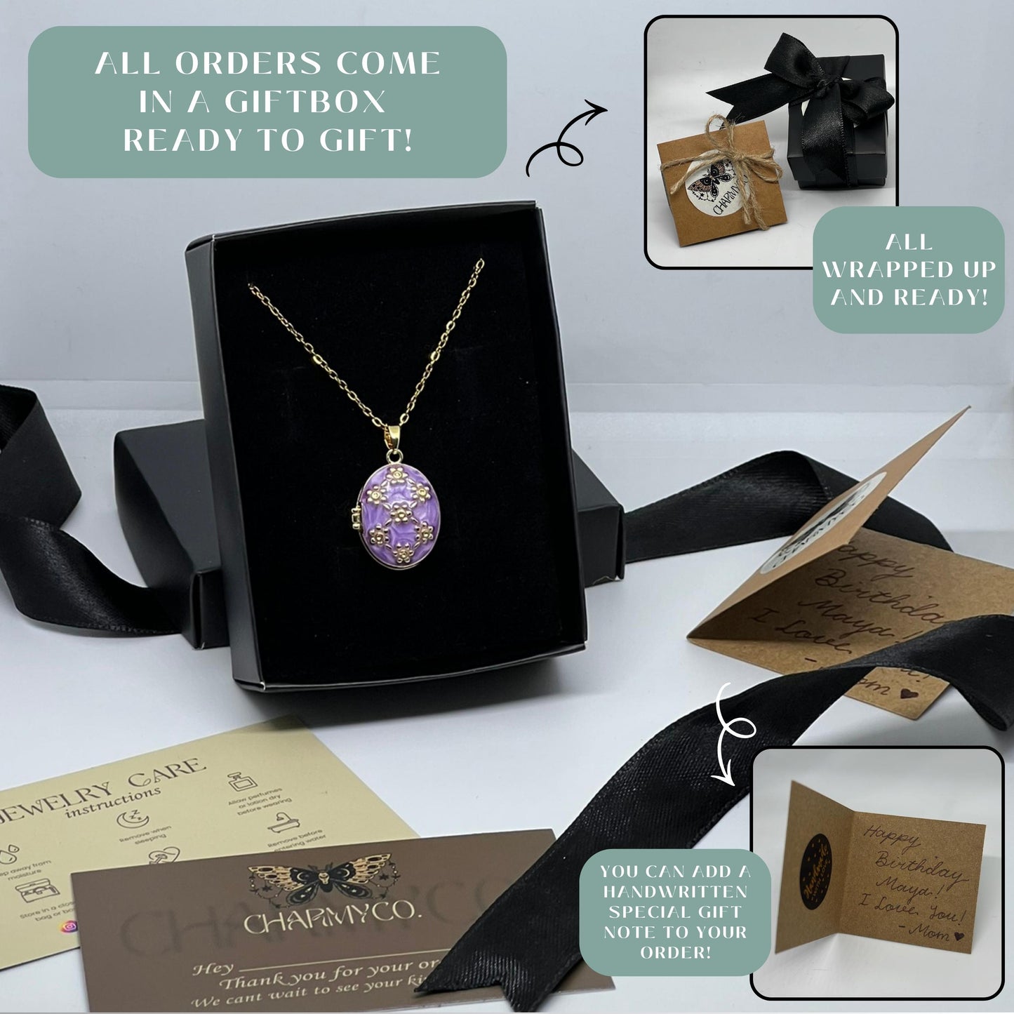 Purple Floral Oval Photo Locket Necklace – Personalized Keepsake Gift