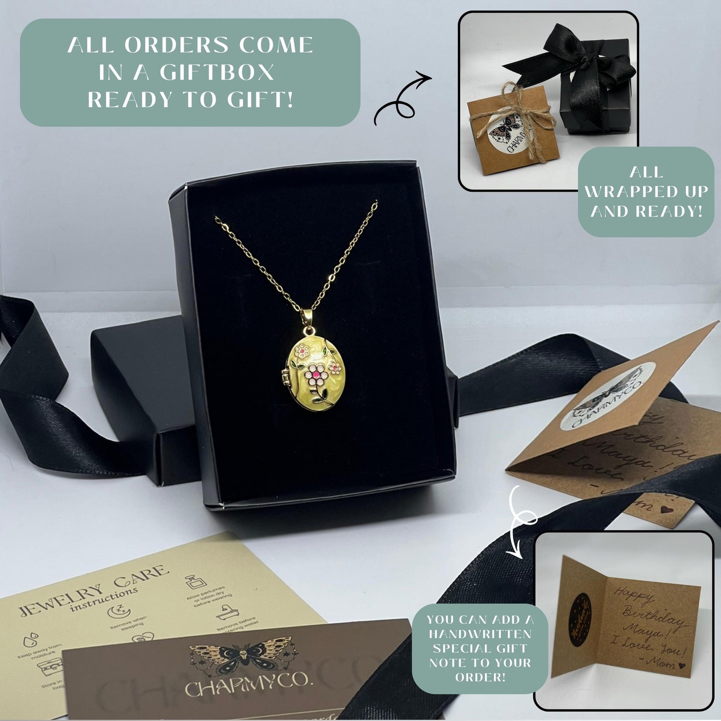 Yellow Floral Oval Photo Locket Necklace β Personalized Keepsake Gift