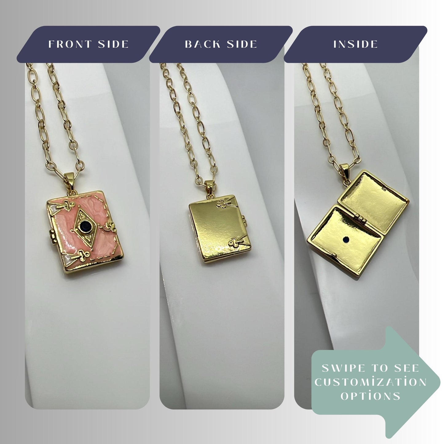 Pink Enamel Book Locket Necklace – Personalized Keepsake Gift
