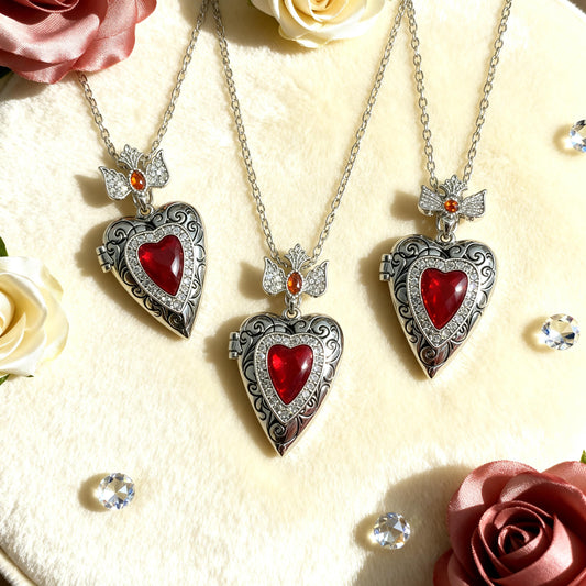 Gothic Red Heart Photo Locket Necklace – Personalized Keepsake Gift