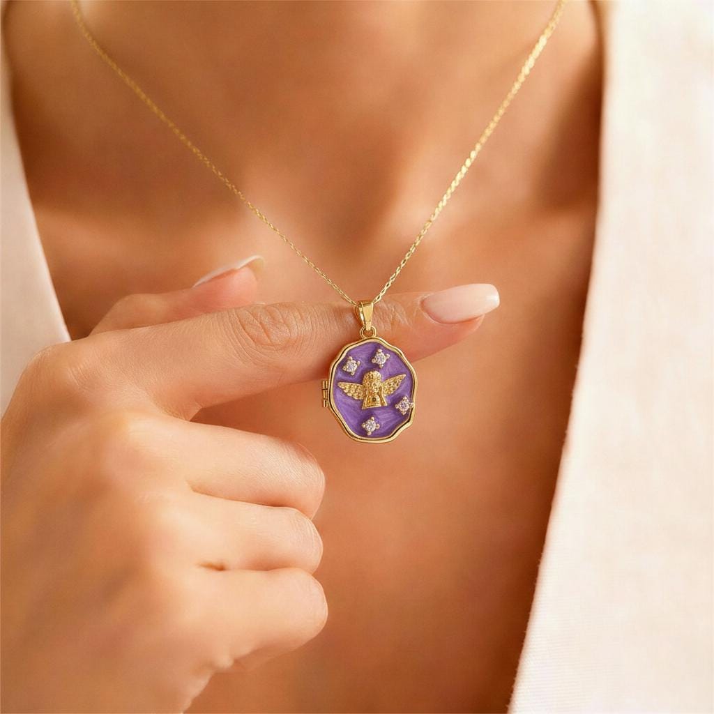 Purple Enamel Angel Photo Locket Necklace – Personalized Keepsake Gift