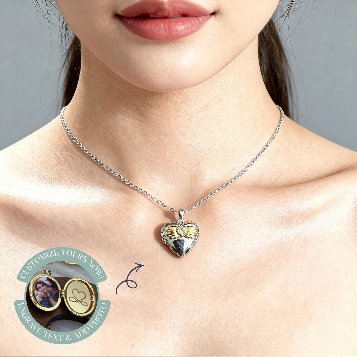 Angel Wings Heart Photo Locket Necklace – Personalized Keepsake Gift