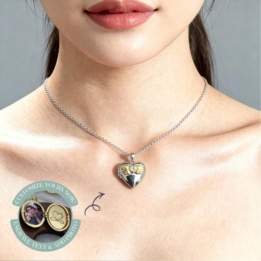Angel Wings Heart Photo Locket Necklace – Personalized Keepsake Gift