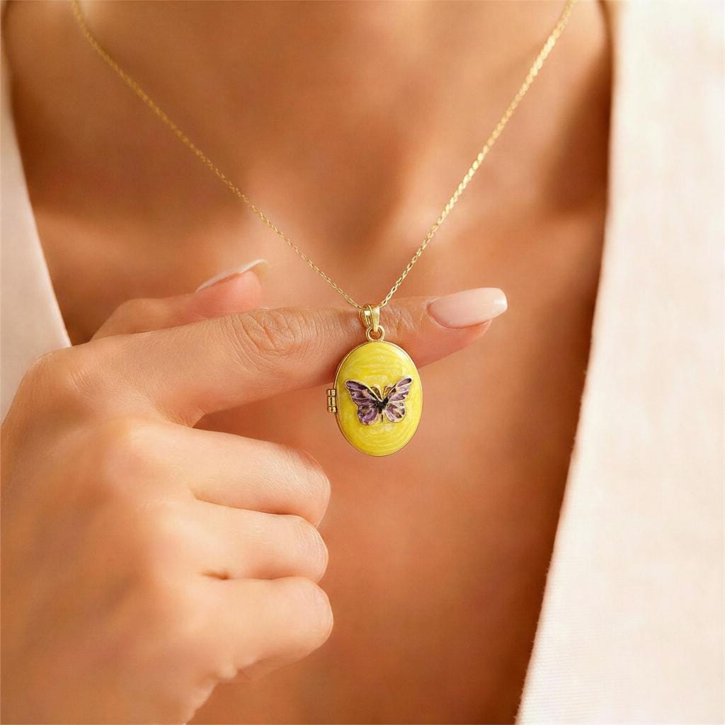 Yellow Butterfly Oval Photo Locket Necklace – Personalized Keepsake Gift