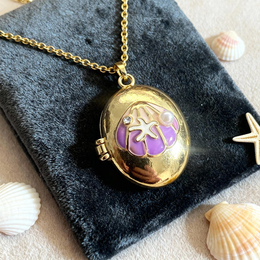 Purple Seashell Oval Photo Locket Necklace – Personalized Keepsake Gift