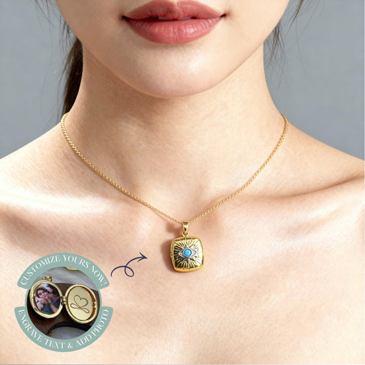 Evil Eye Square Photo Locket Necklace – Personalized Keepsake Gift