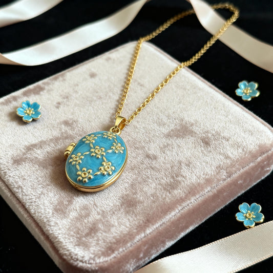 Blue Floral Photo Locket Necklace – Personalized Keepsake Gift