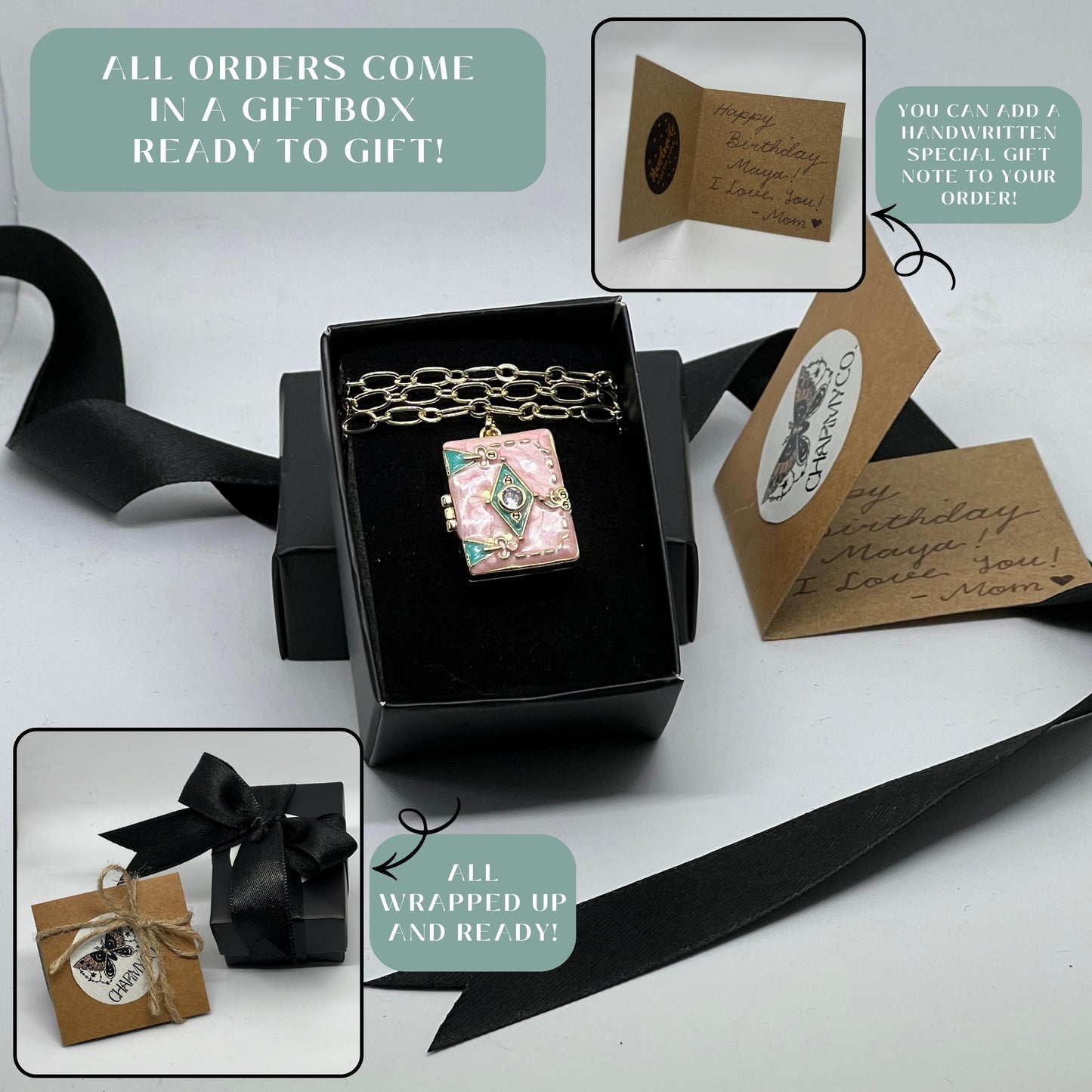 Pink Enamel Book Locket Necklace – Personalized Keepsake Gift