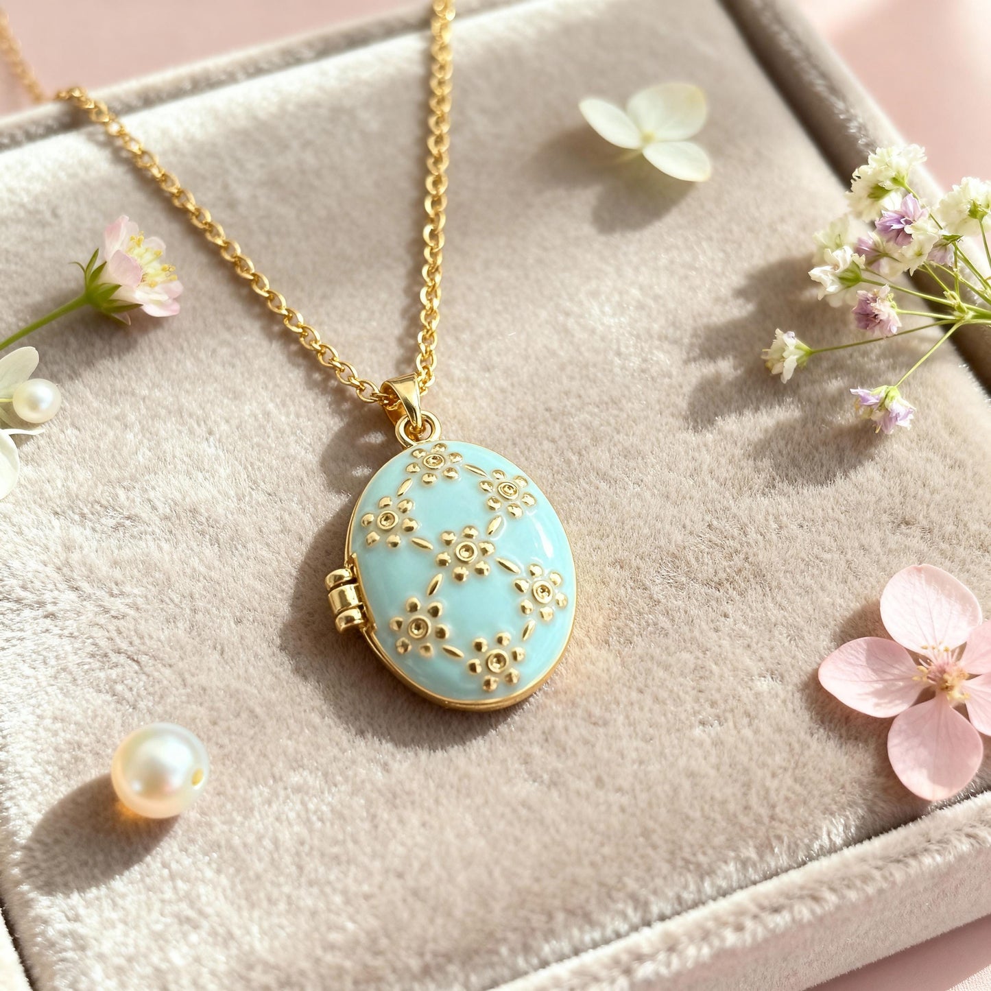 Blue Floral Oval Photo Locket Necklace – Personalized Keepsake Gift