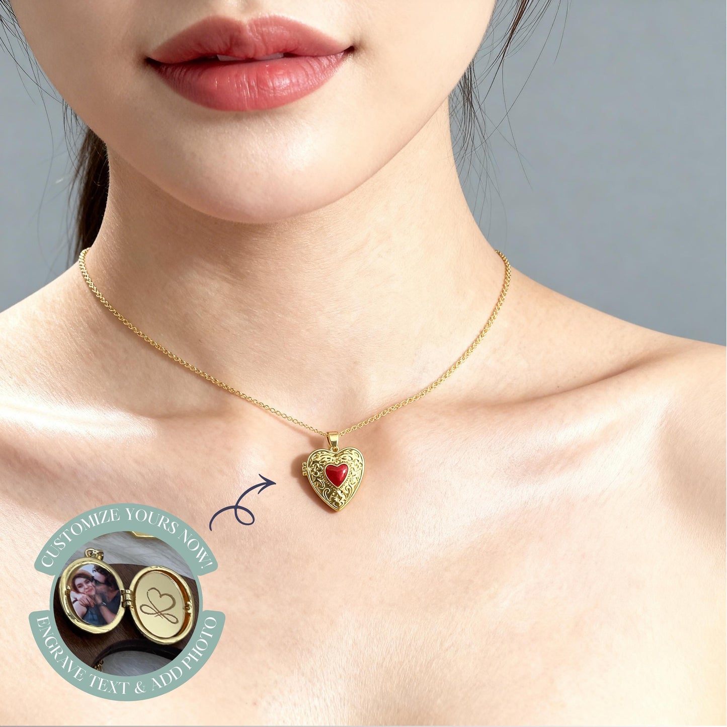 Red Crystal Heart Photo Locket Necklace – Personalized Keepsake Gift