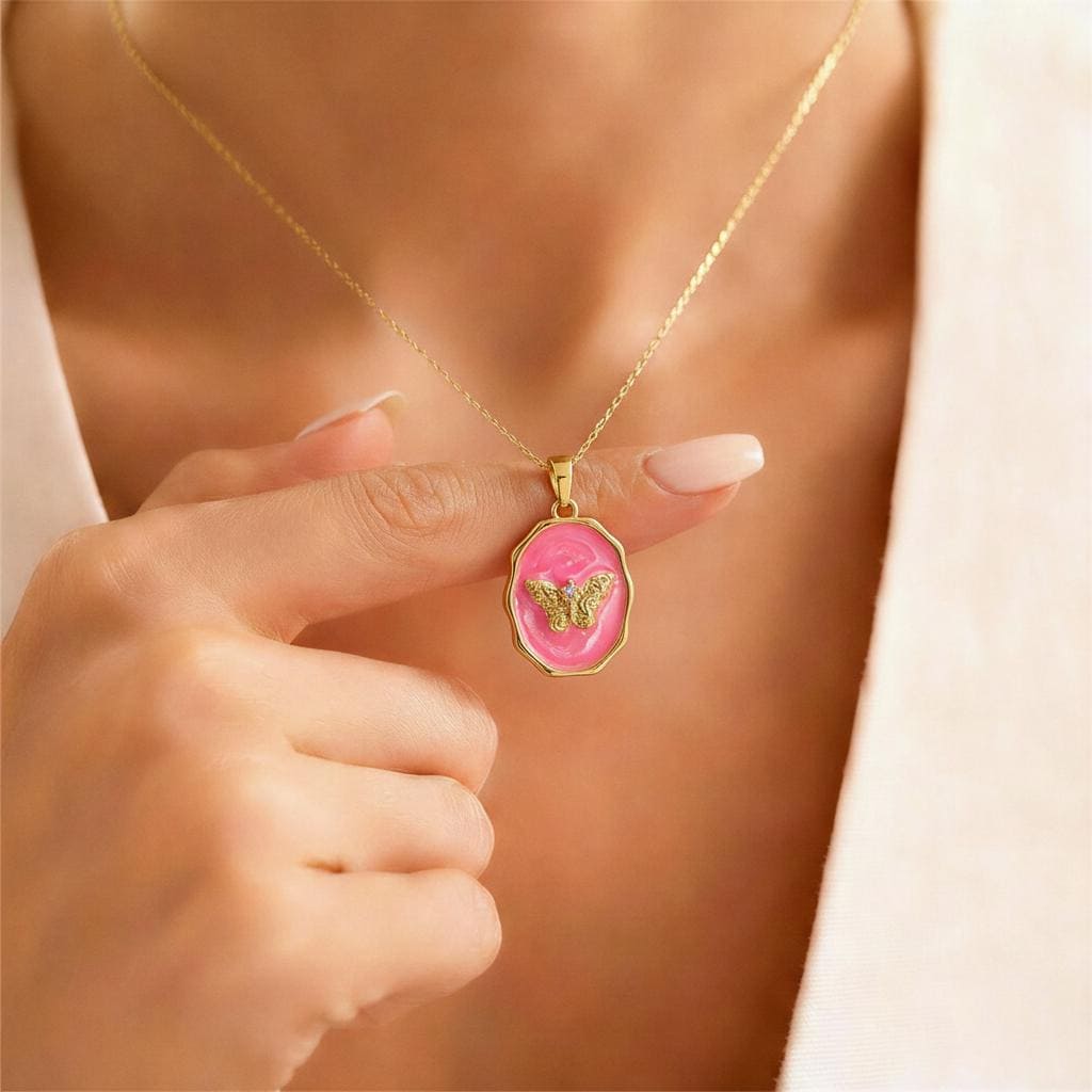Pink Enamel Butterfly Photo Locket Necklace – Personalized Keepsake Gift