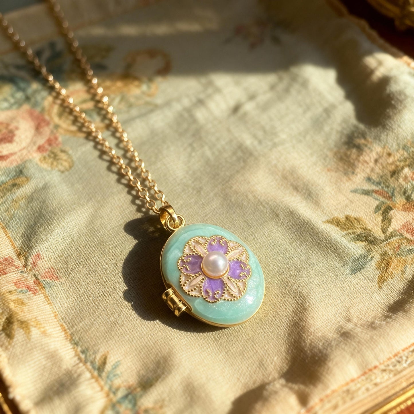Mint Pearl Floral Oval Photo Locket Necklace – Personalized Keepsake Gift