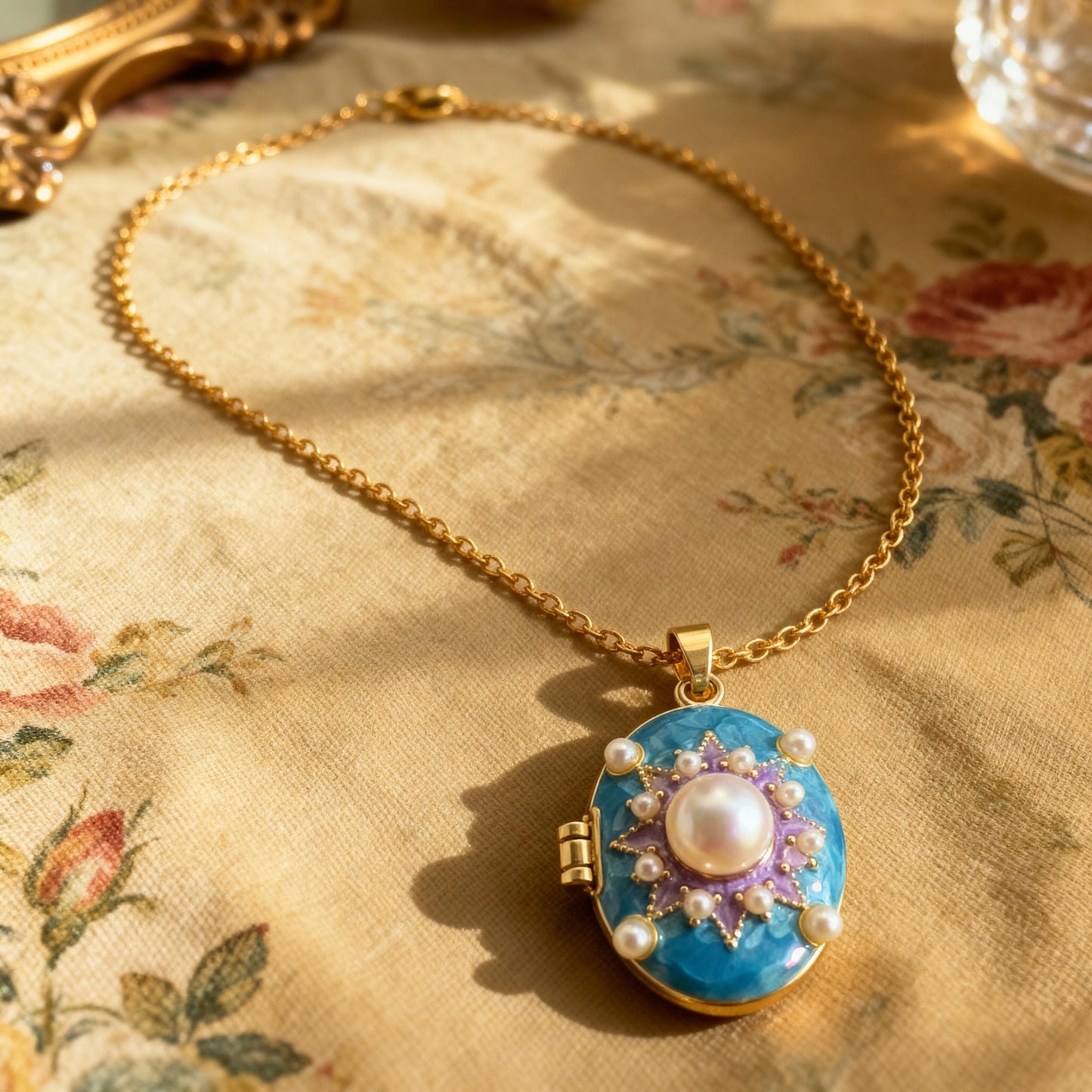 Blue Pearl Starburst Oval Photo Locket Necklace – Personalized Keepsake Gift