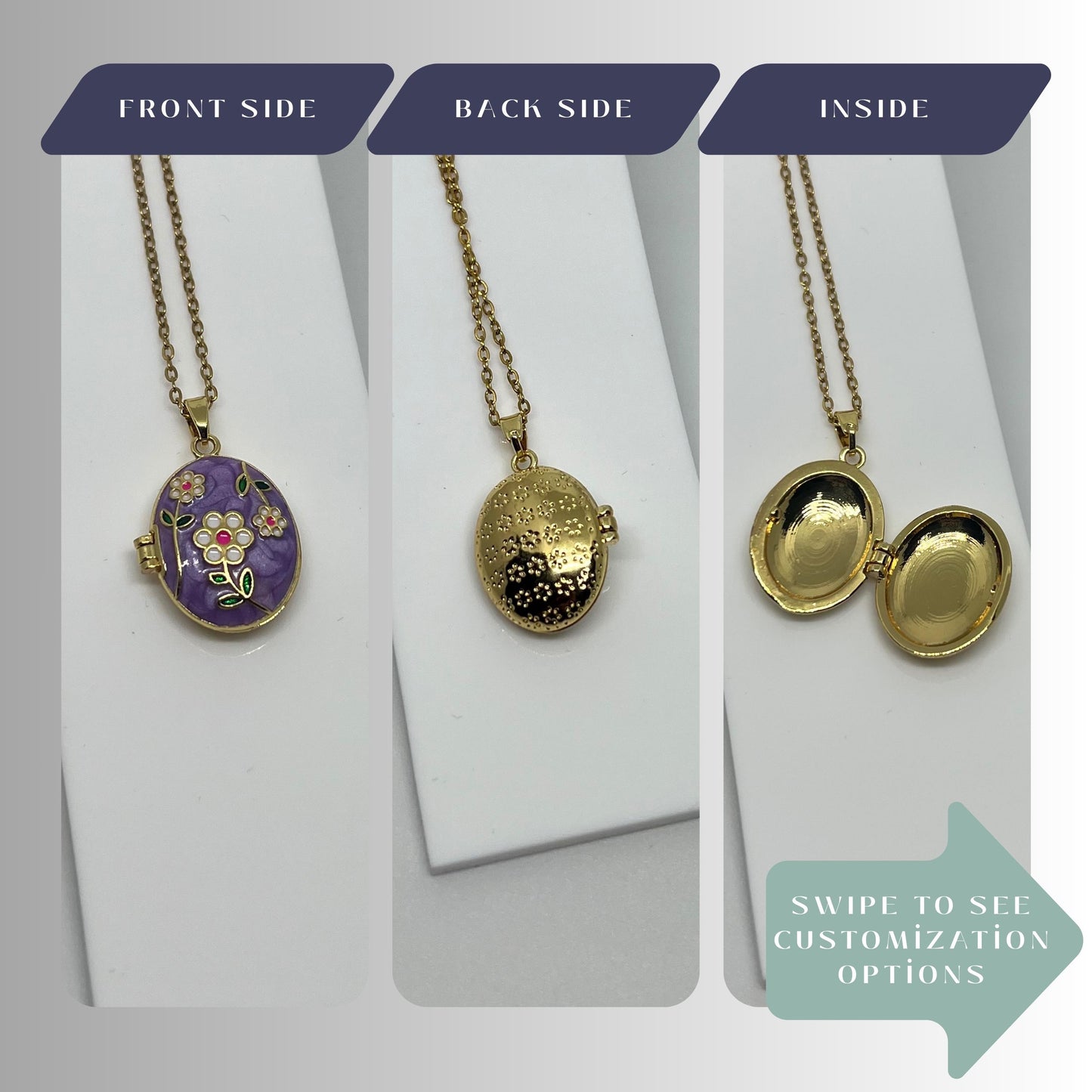 Purple Floral Oval Photo Locket Necklace – Personalized Keepsake Gift