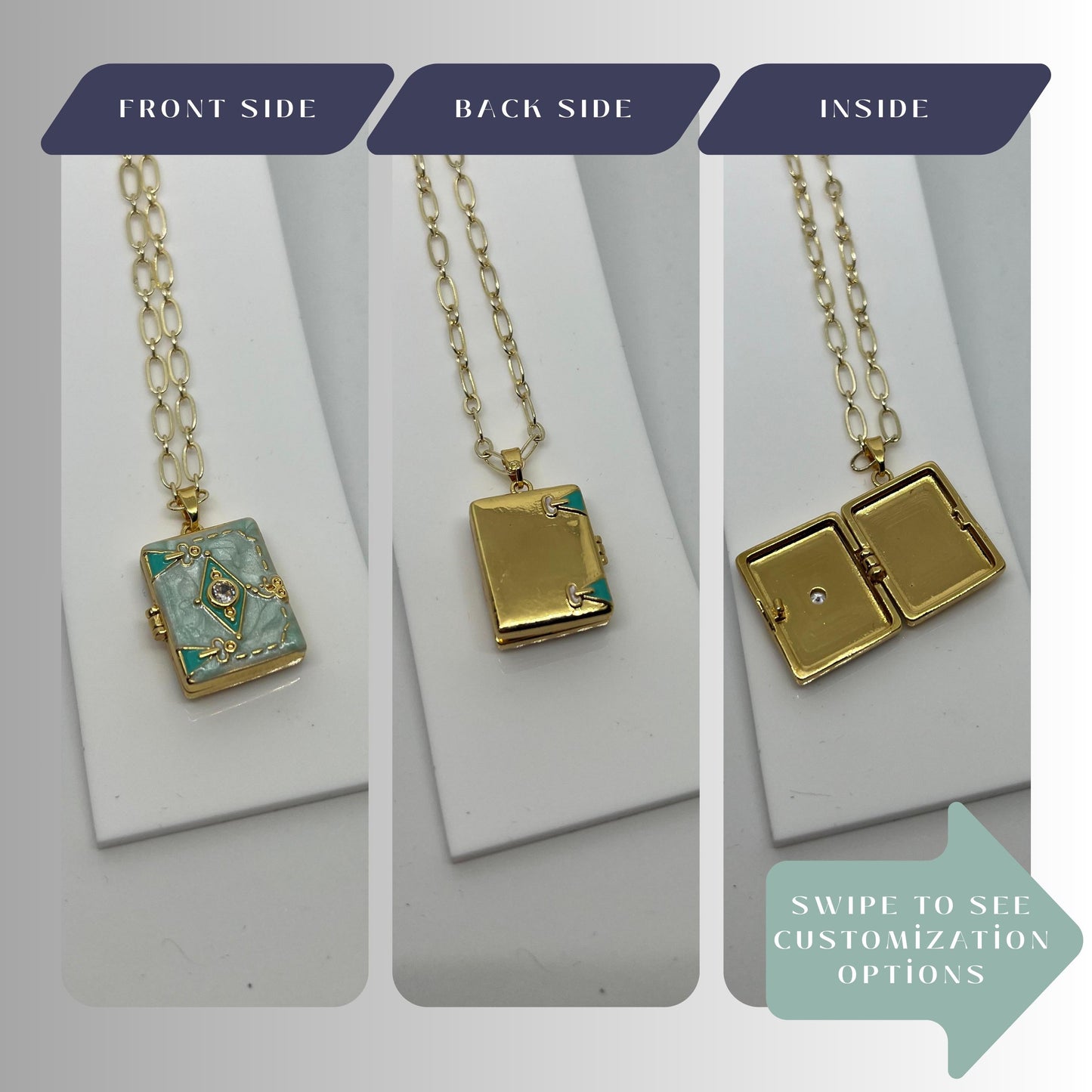 Mint Enamel Book Locket Necklace – Personalized Keepsake Gift