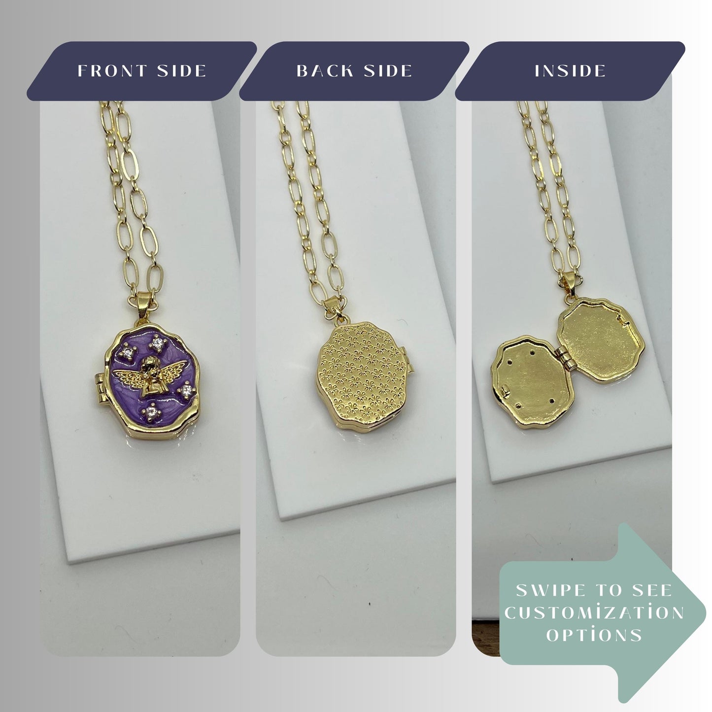 Purple Enamel Angel Photo Locket Necklace – Personalized Keepsake Gift
