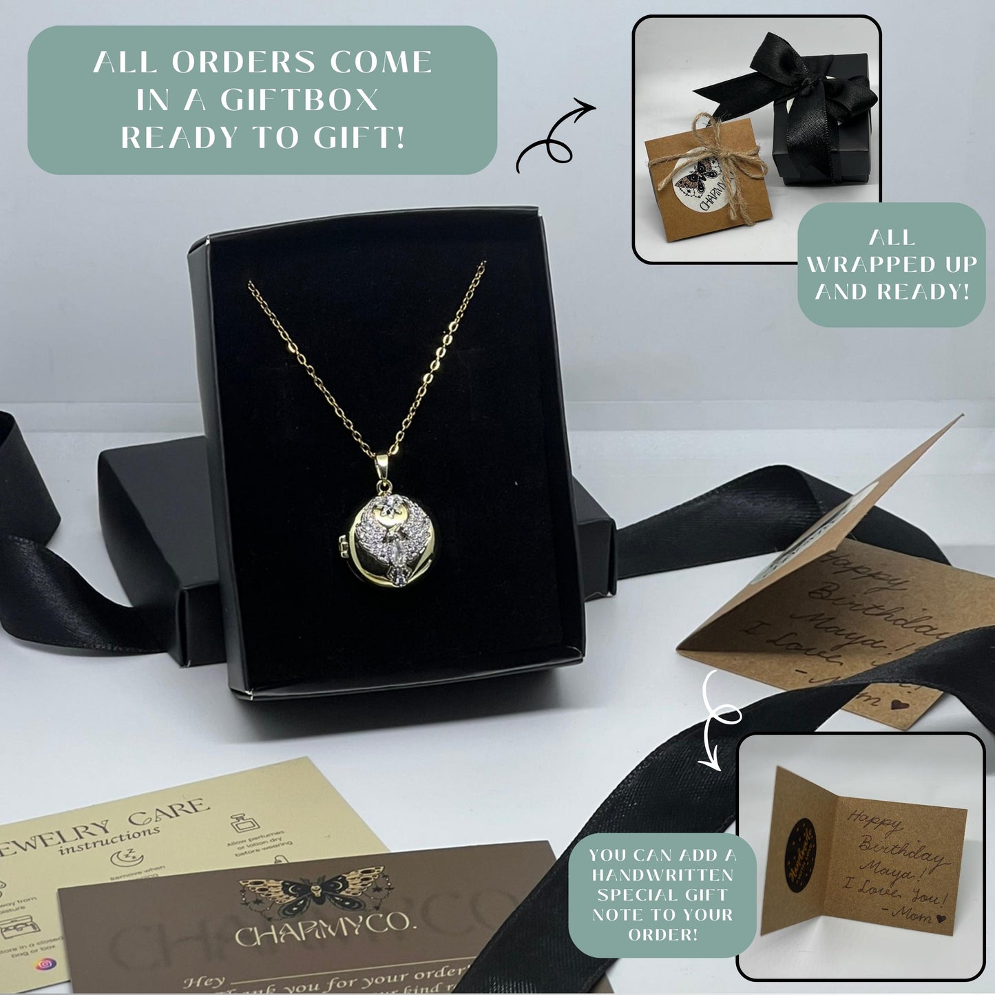 Phoenix Round Locket Necklace, Gold Crystal Photo Locket Pendant, Personalized Keepsake Gift for Her