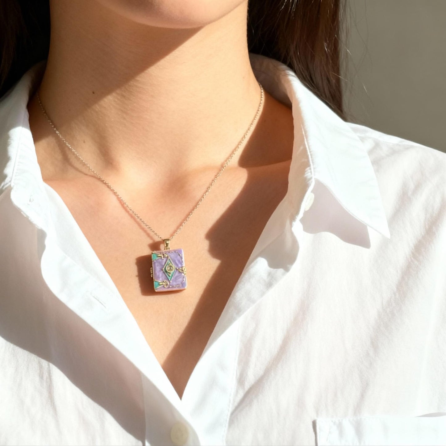 Purple Enamel Book Locket Necklace – Personalized Keepsake Gift
