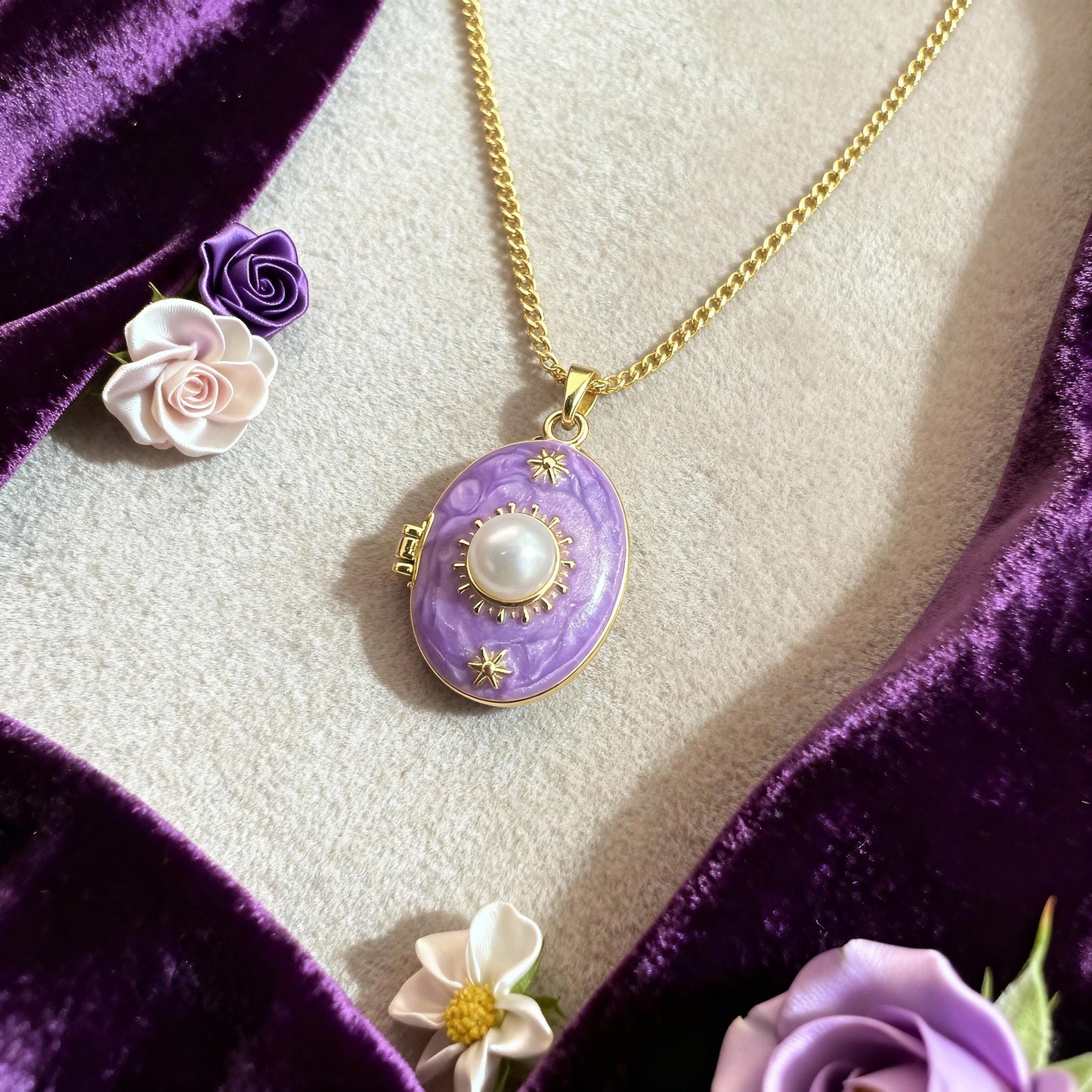 Purple Pearl Oval Photo Locket Necklace – Personalized Keepsake Gift