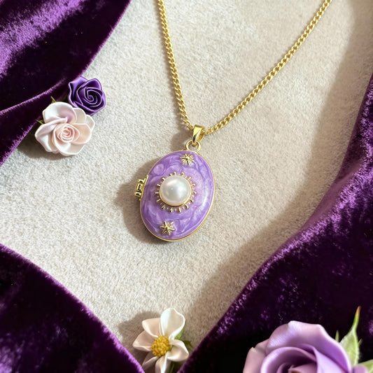 Purple Pearl Oval Photo Locket Necklace – Personalized Keepsake Gift