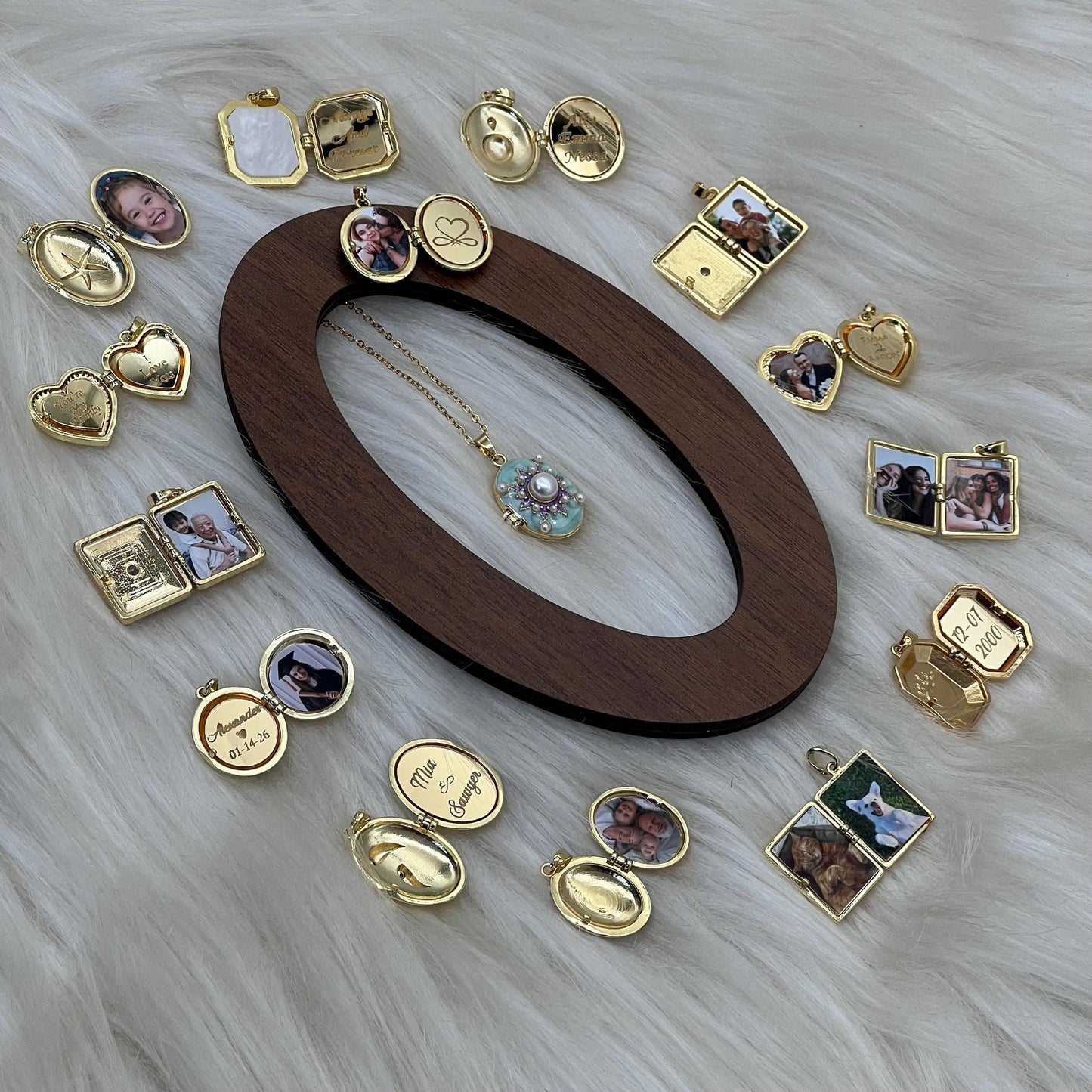 Mint Pearl Sunburst Oval Photo Locket Necklace – Personalized Keepsake Gift