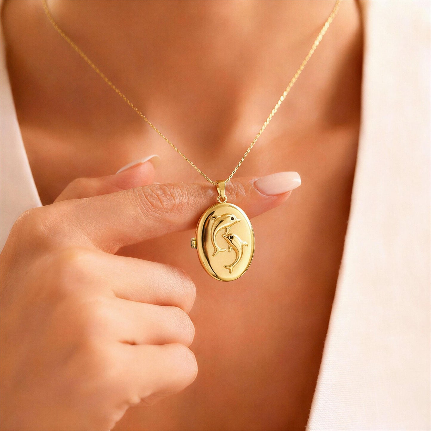 Dolphin Oval Photo Locket Necklace – Personalized Keepsake Gift