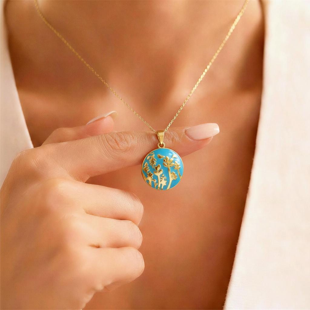Blue Floral Round Photo Locket Necklace – Personalized Keepsake Gift
