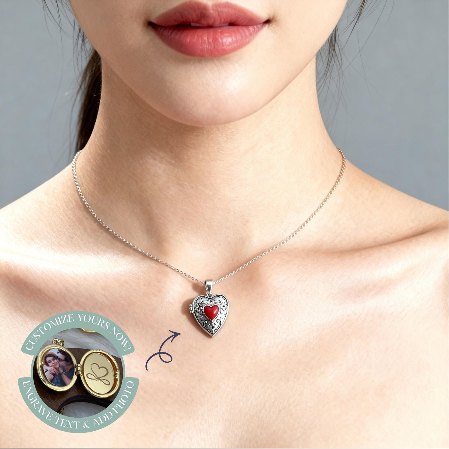 Floral Heart Photo Locket Necklace with Red Heart Center, Vintage Romantic Jewelry Gift