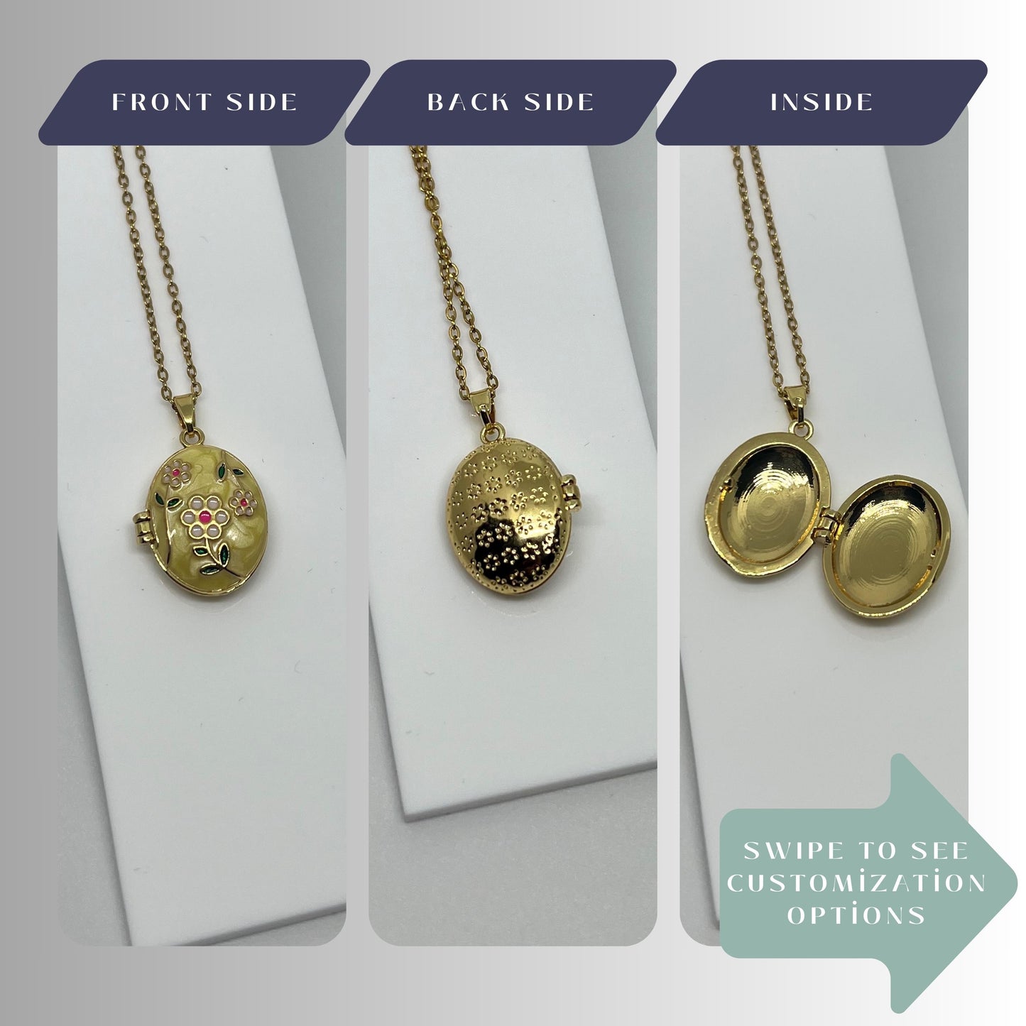 Yellow Floral Oval Photo Locket Necklace – Personalized Keepsake Gift