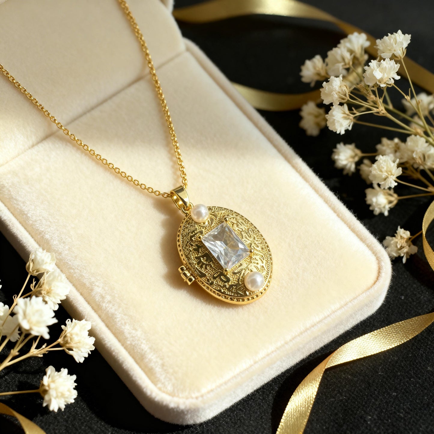 Crystal Pearl Oval Photo Locket Necklace – Personalized Keepsake Gift