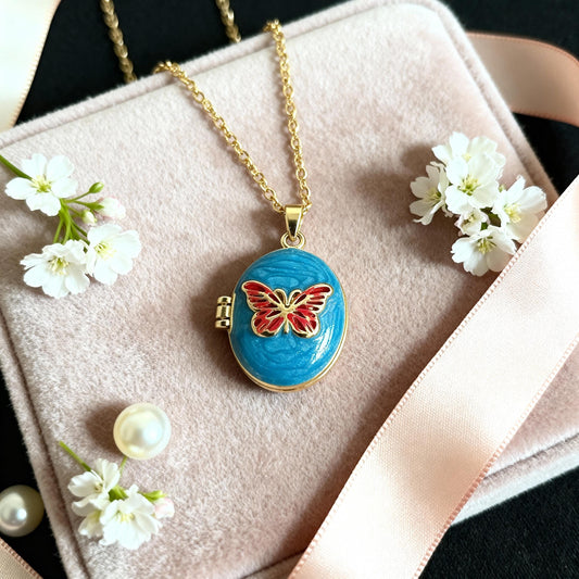 Blue Butterfly Oval Photo Locket Necklace – Personalized Keepsake Gift