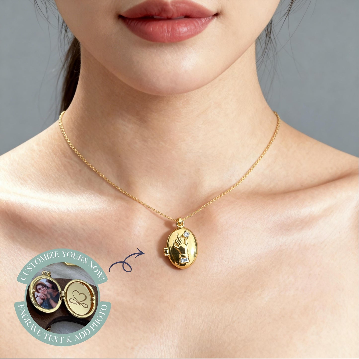 Hand Oval Photo Locket Necklace – Personalized Keepsake Gift