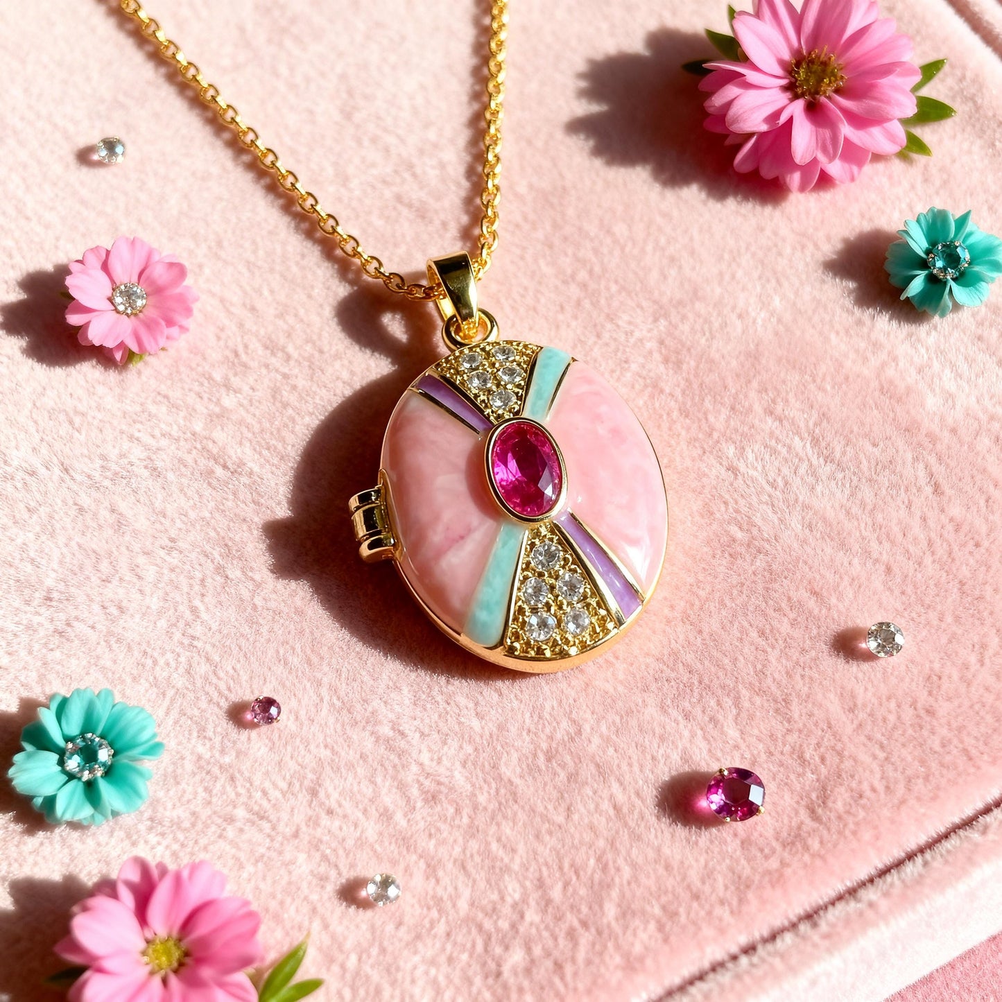 Pastel Art Deco Oval Photo Locket Necklace – Personalized Keepsake Gift