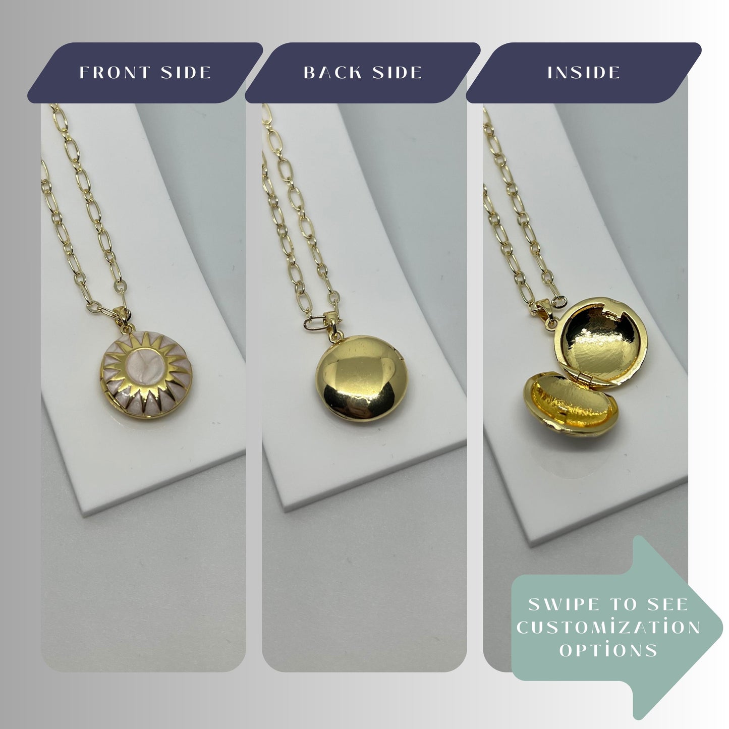 Sun Mother of Pearl Round Photo Locket Necklace – Personalized Keepsake Gift