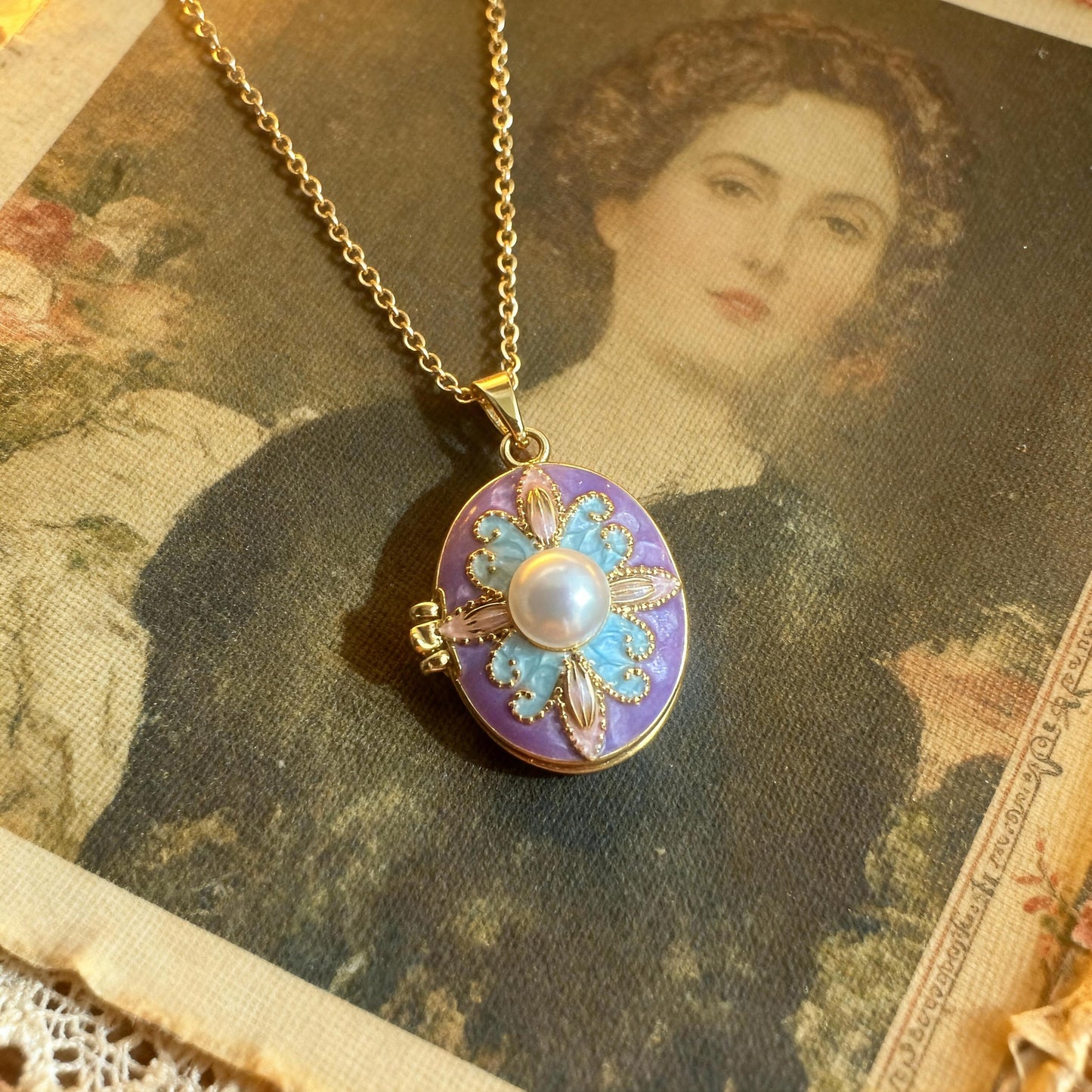 Purple Pearl Oval Photo Locket Necklace – Personalized Keepsake Gift