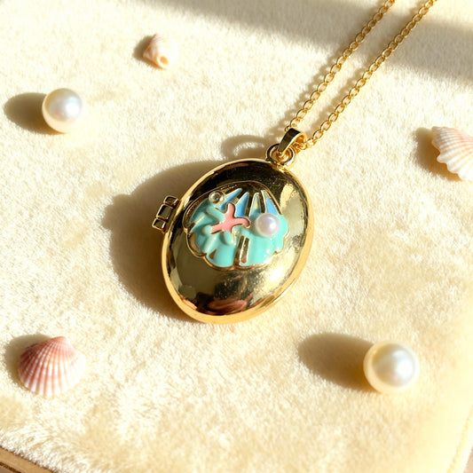 Turquoise Seashell Oval Photo Locket Necklace – Personalized Keepsake Gift