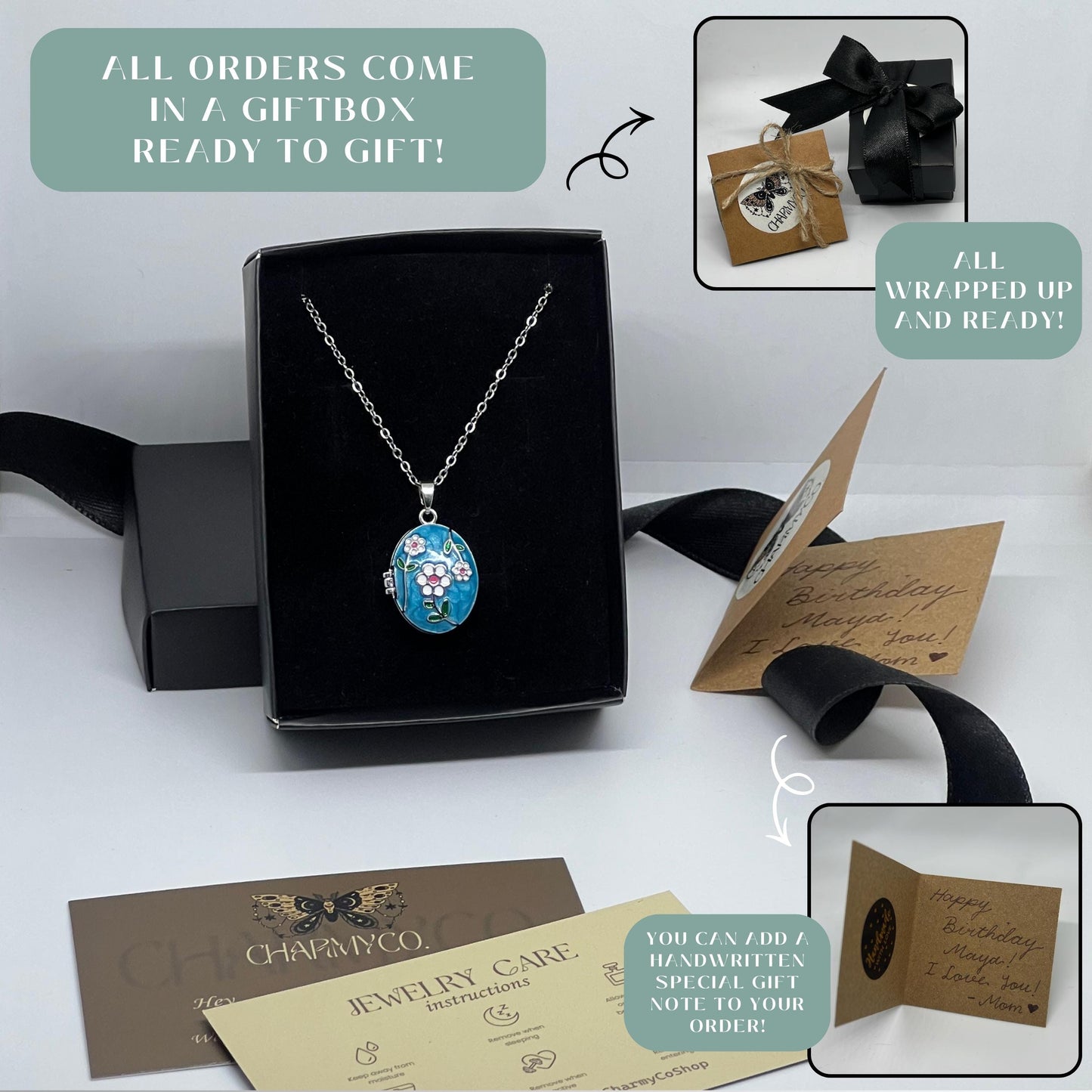 Blue Daisy Floral Oval Photo Locket Necklace – Personalized Keepsake Gift