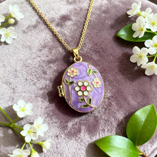 Purple Floral Oval Photo Locket Necklace – Personalized Keepsake Gift