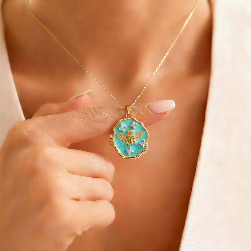 Turquoise Enamel Angel Photo Locket Necklace – Personalized Keepsake Gift